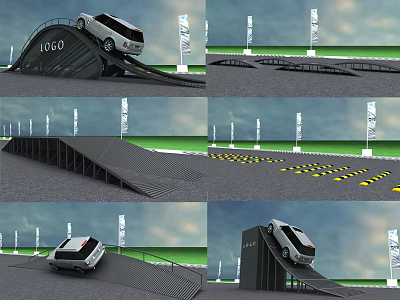 Different Road Ramps For Vehicle Testing With Safety Stripes Guide Flags And Logos 3d model