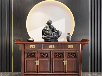 Wooden Entryway Console Table With Carved Details Brass Handles And Decorative Buddha Statue 3d model