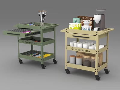 Mobile Wheeled Carts For Art Supplies And Kitchen Storage With Brushes Jars 3d model