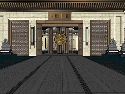 Traditional Chinese Garden Landscape With Ornate Gate Stone Lions And Symmetrical Design 3d model