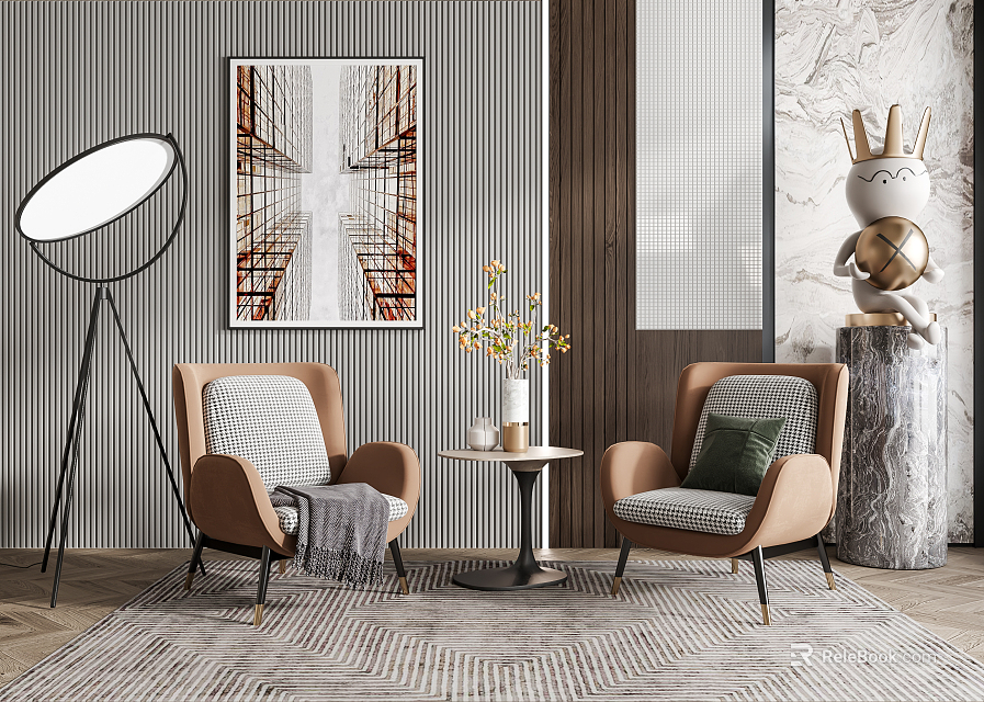 Brown Leisure Sofa Set With Two Chairs Cushions Small Table Floor Lamp And Wall Art 3d model 