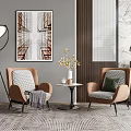 Brown Leisure Sofa Set With Two Chairs Cushions Small Table Floor Lamp And Wall Art