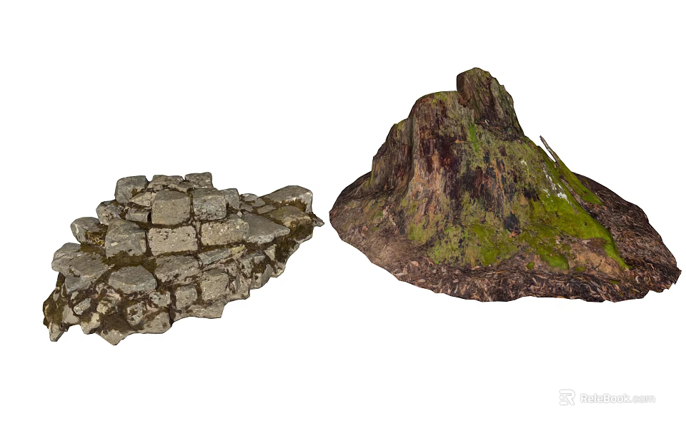 Rustic Natural Stone Pathway And Weathered Wood Stump With Green Moss 3d model 