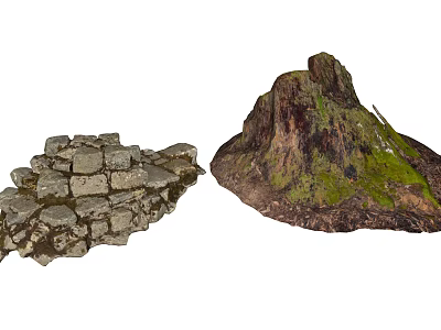 Rustic Natural Stone Pathway And Weathered Wood Stump With Green Moss 3d model