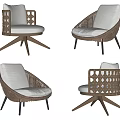 Elegant Wicker Outdoor Chair With Wooden Swivel Base And Gray Cushions