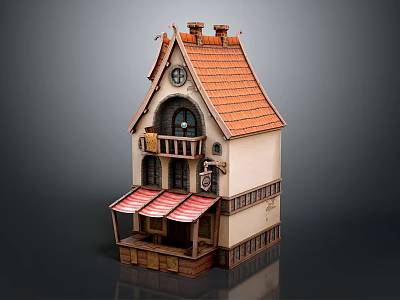 European Style Architecture With Red Tiled Roof Attic Window Arched Doorway And Red Awning 3d model