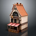 European Style Architecture With Red Tiled Roof Attic Window Arched Doorway And Red Awning