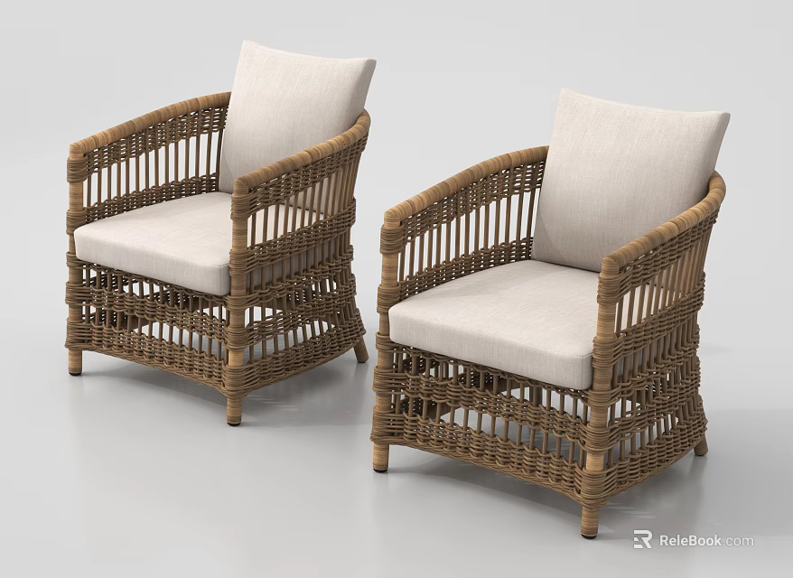 Stylish Wicker Armchair Set with Light Colored Cushions and Rattan Design for Living Room Furniture 3d model 