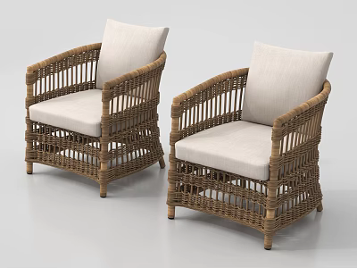 Stylish Wicker Armchair Set with Light Colored Cushions and Rattan Design for Living Room Furniture 3d model