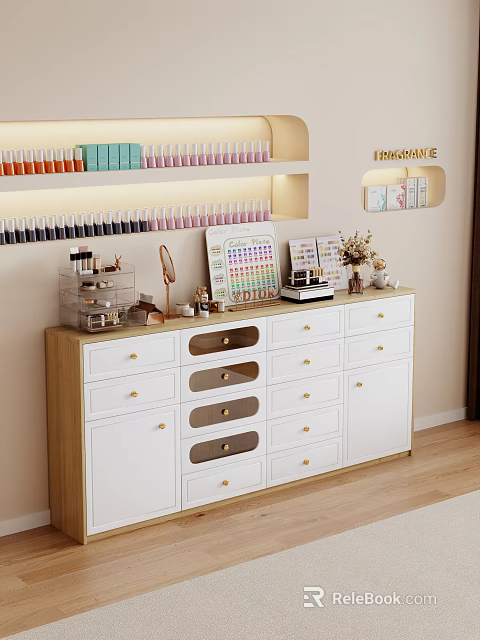 Stylish Decorative Cabinet With White Wood Design Multiple Drawers Shelves For Cosmetics Storage 3d model 