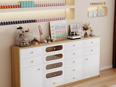 Stylish Decorative Cabinet With White Wood Design Multiple Drawers Shelves For Cosmetics Storage 3d model