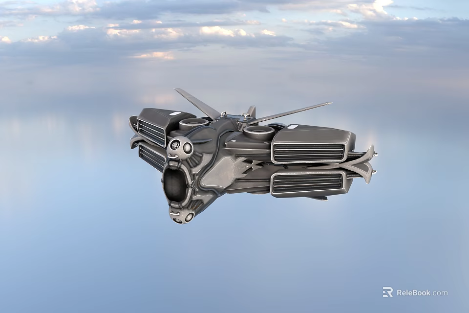 Futuristic Flying Vehicle With Sleek Design Floating In Blue Sky And White Clouds 3d model 