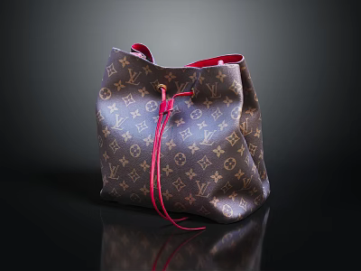 Classic Monogram Pattern Leather Drawstring Bag With Red String Closure And Elegant Design 3d model
