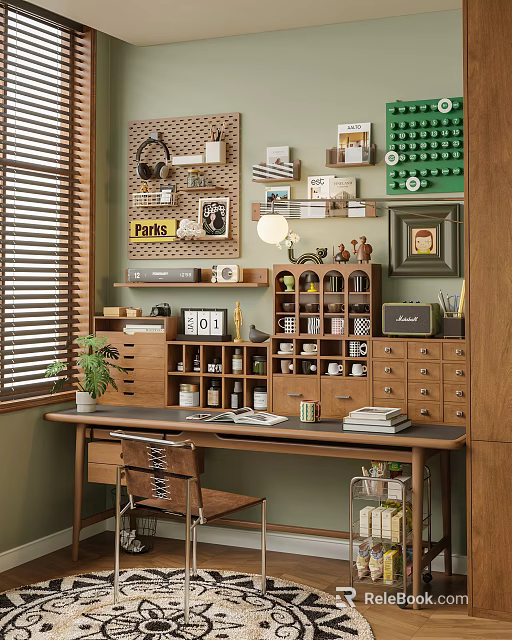 Cozy Study Room Interior With Wooden Bookshelves Writing Desk Wall Decor And Potted Plant 3d model 