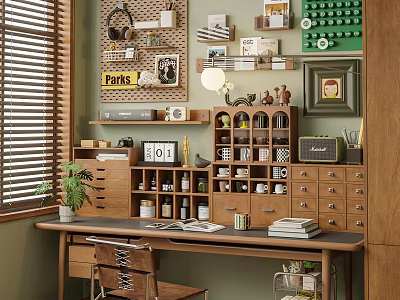 Cozy Study Room Interior With Wooden Bookshelves Writing Desk Wall Decor And Potted Plant 3d model