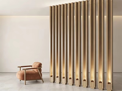 Modern Interior Featuring Golden Vertical Slat Partition With Accent Lighting And Brown Armchair 3d model