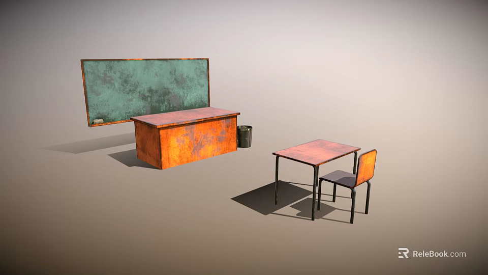 Classroom Scene With Teacher Desk Student Desk Chair And Green Blackboard 3d model 