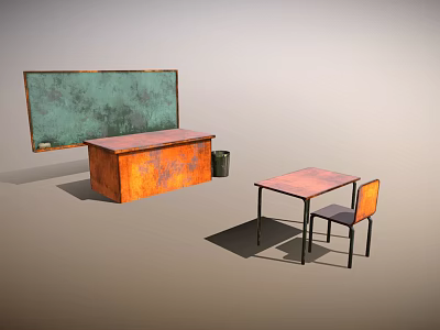Classroom Scene With Teacher Desk Student Desk Chair And Green Blackboard 3d model