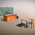 Classroom Scene With Teacher Desk Student Desk Chair And Green Blackboard