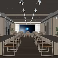 Modern Conference Room Interior With Long Wooden Tables Comfortable Chairs Large Screen And Wooden Ceiling