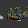 Floating Fantasy Island With Mountains Green Vegetation Bridge Buildings And Clouds