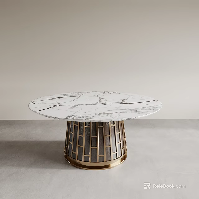 Round White Marble Top Dining Table With Gold-trimmed Geometric Pattern Base And Modern Elegant Design 3d model