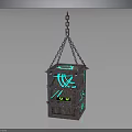 Vintage Lantern With Metal And Wooden Structure Hanging By Chain Glowing Green Patterns And Eyes