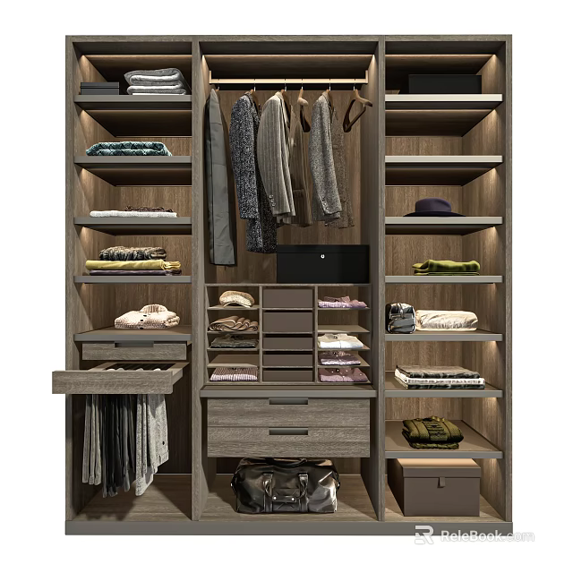 Modern Closet Interior With Hanging Clothes Folded Garments Shelves Drawers And Storage Solutions 3d model 