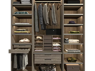 Modern Closet Interior With Hanging Clothes Folded Garments Shelves Drawers And Storage Solutions 3d model