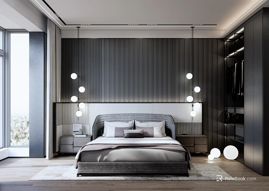 Modern Minimalist Bedroom Featuring Striped Accent Wall Pendant Lights Nightstands And Wooden Floor 3d model 