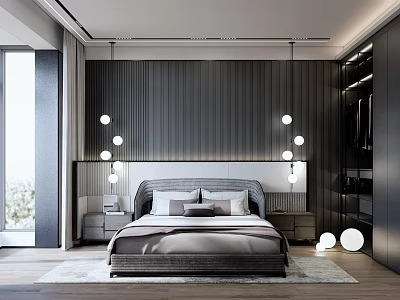Modern Minimalist Bedroom Featuring Striped Accent Wall Pendant Lights Nightstands And Wooden Floor 3d model