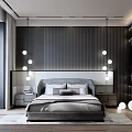 Modern Minimalist Bedroom Featuring Striped Accent Wall Pendant Lights Nightstands And Wooden Floor