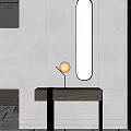 Minimalist Entryway Interior With Oval Mirror Wooden Console Table And Round Lamp