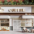 Coffee Shop Facade With Green Plants Coffee Cup Logo Awnings And Outdoor Seating