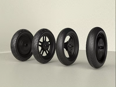 Set of Four Different Black Bicycle Tires Displayed on Light Background 3d model