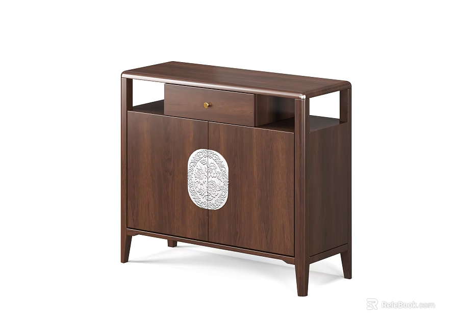 Modern Wooden Sideboard With Dark Brown Finish Round Decorative Panel And Drawer 3d model 