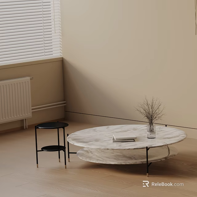 Sofa And Round Marble Coffee Table Set With Black Side Table Books And Vase 3d model