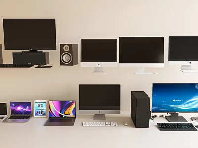 Multiple Computer Monitors Mounted On Wall With Laptop Tablet Desktop Tower Keyboard Mouse And Speakers 3d model