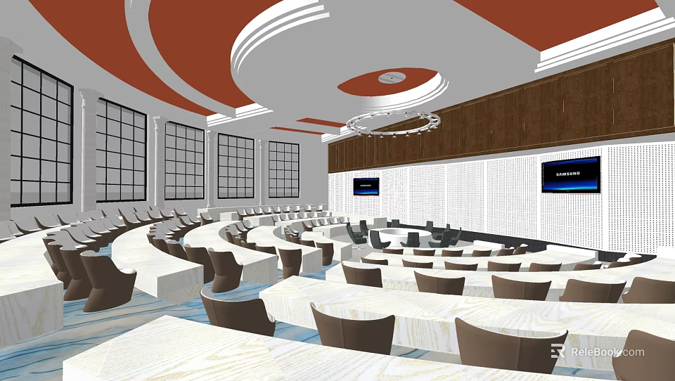 Large Modern Conference Room With Rounded Tables Chairs Large Screens Red Ceiling Decor And Windows 3d model 