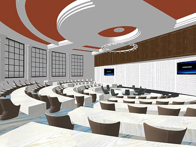 Large Modern Conference Room With Rounded Tables Chairs Large Screens Red Ceiling Decor And Windows 3d model