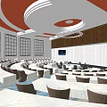 Large Modern Conference Room With Rounded Tables Chairs Large Screens Red Ceiling Decor And Windows