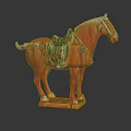 Traditional Tri Color Glazed Ceramic Horse Artwork With Green Saddle And Orange Body