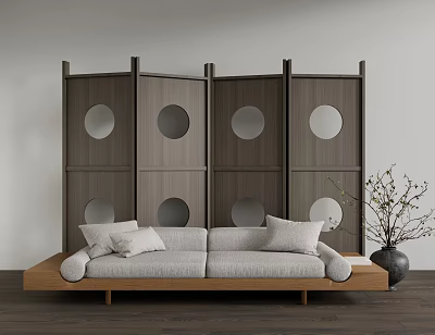 Gray Two Seater Sofa With Wooden Room Divider Round Cutouts And Wooden Floor Vase Plant 3d model