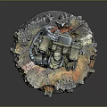 Game Movie Character Sci Fi Mecha Warrior In Metallic Armor With Weapons On Rocky Flaming Base