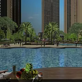 Tropical Garden Landscape with Swimming Pool Palm Trees and Rest Areas Near High Rise Buildings