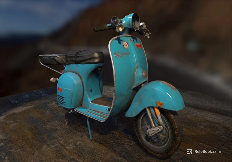 Vintage Blue Retro Scooter With Black Seat And Mountain Outdoor Background 3d model 