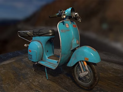 Vintage Blue Retro Scooter With Black Seat And Mountain Outdoor Background 3d model