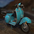 Vintage Blue Retro Scooter With Black Seat And Mountain Outdoor Background