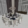 Elegant Round Dining Table Set With White Chairs Crystal Chandelier And Tableware 3d model