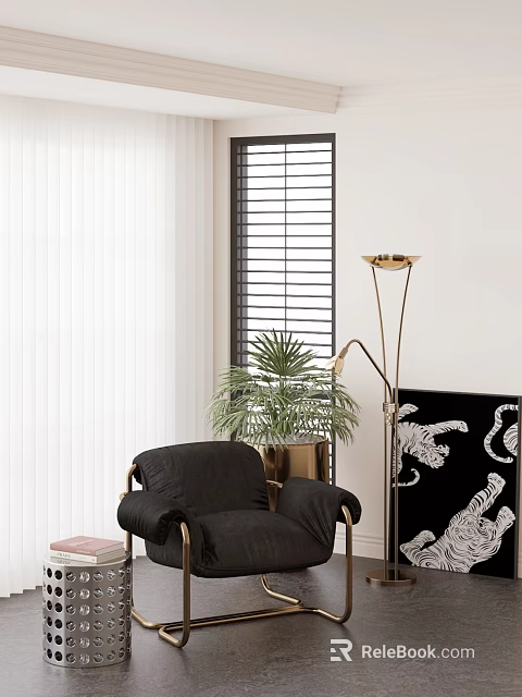 Stylish Black Leisure Chair With Golden Armrests Green Plant Floor Lamp And Tiger Decorative Painting 3d model 